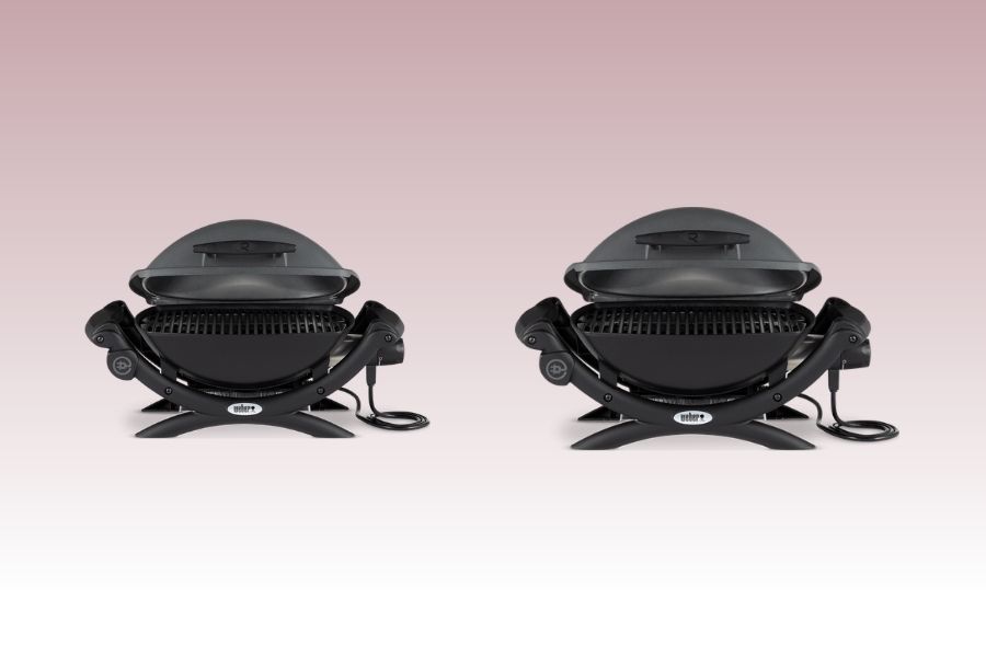 Weber Q1400 and Q2400 outdoor electric grill on a pink background